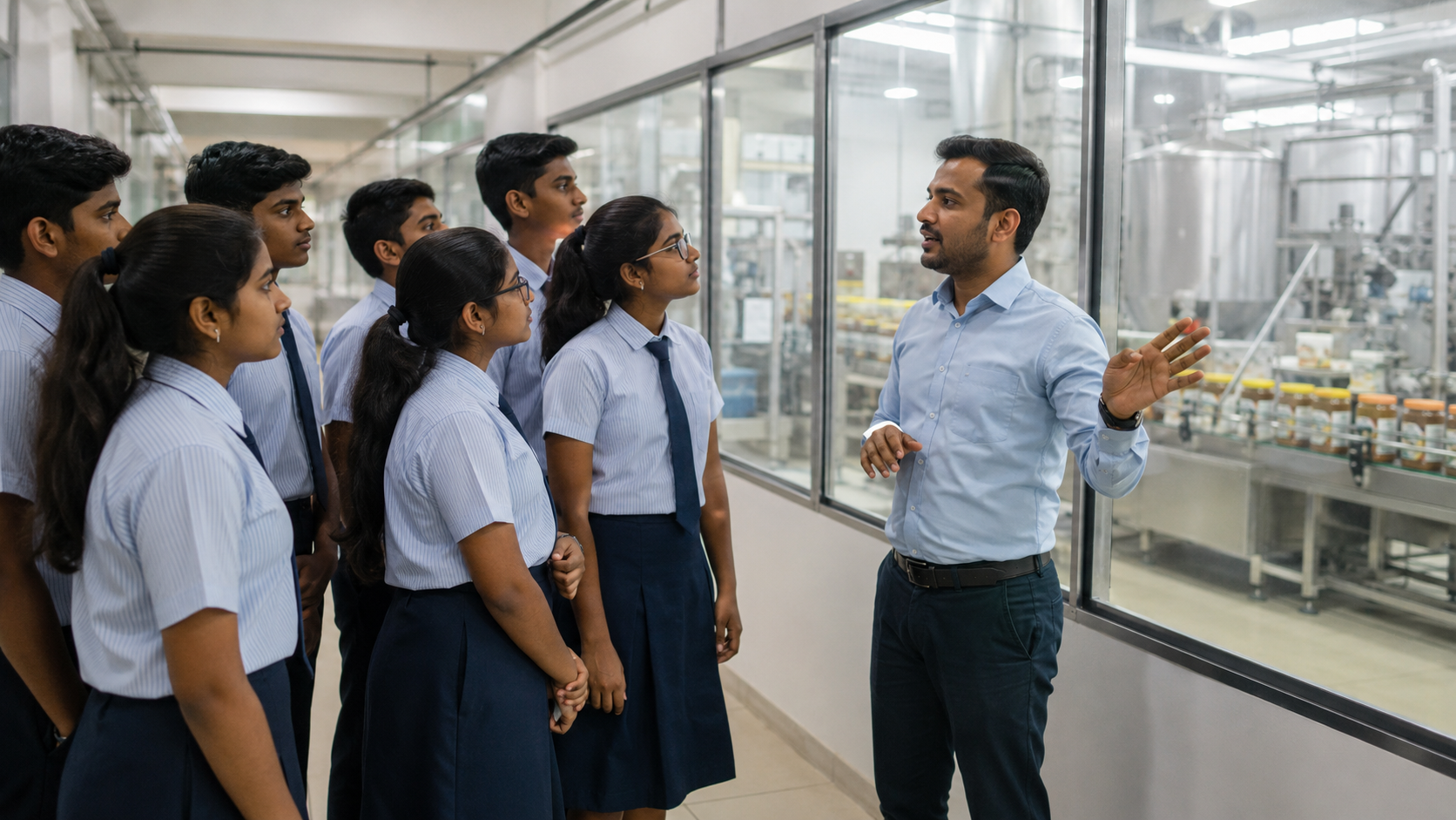 Illustrative scene of school students observing and discussing a production process during an industry immersion